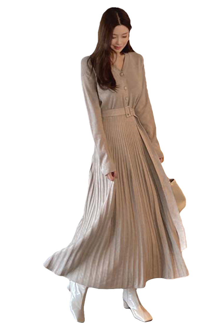 2024 V-neck celebrity knitted dress versatile pleated bottoming sweater skirt A121862