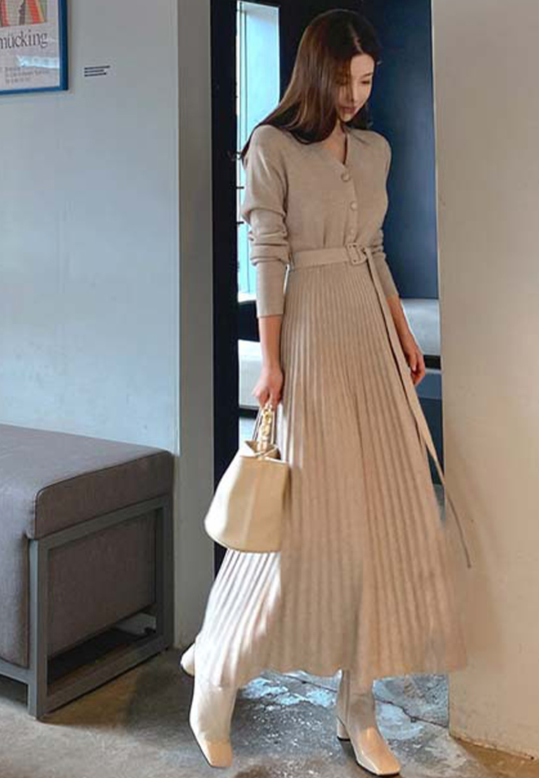 2024 V-neck celebrity knitted dress versatile pleated bottoming sweater skirt A121862