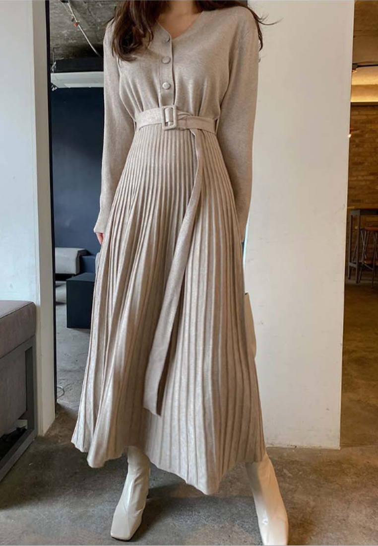 2024 V-neck celebrity knitted dress versatile pleated bottoming sweater skirt A121862