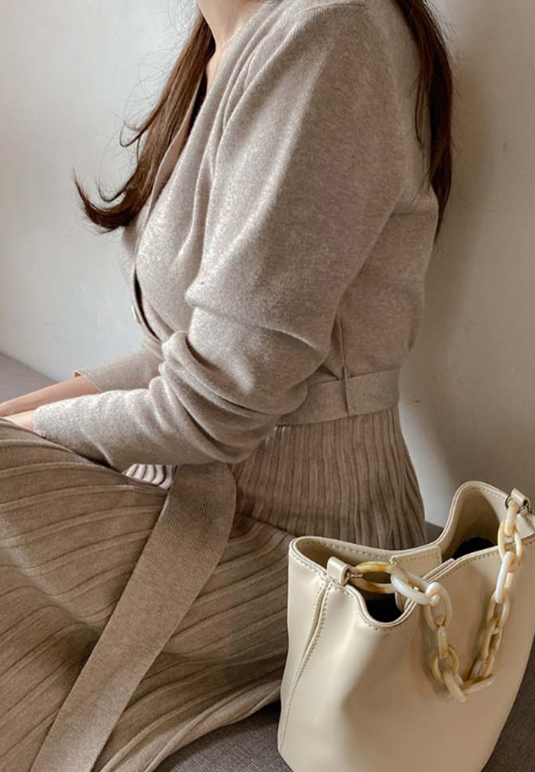 2024 V-neck celebrity knitted dress versatile pleated bottoming sweater skirt A121862