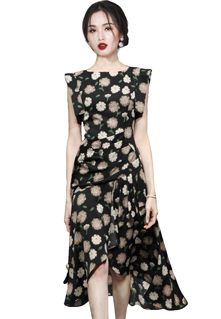 2024 New Design French Black Flying Sleeve Waist Printed Dress Long Skirt A121863BK
