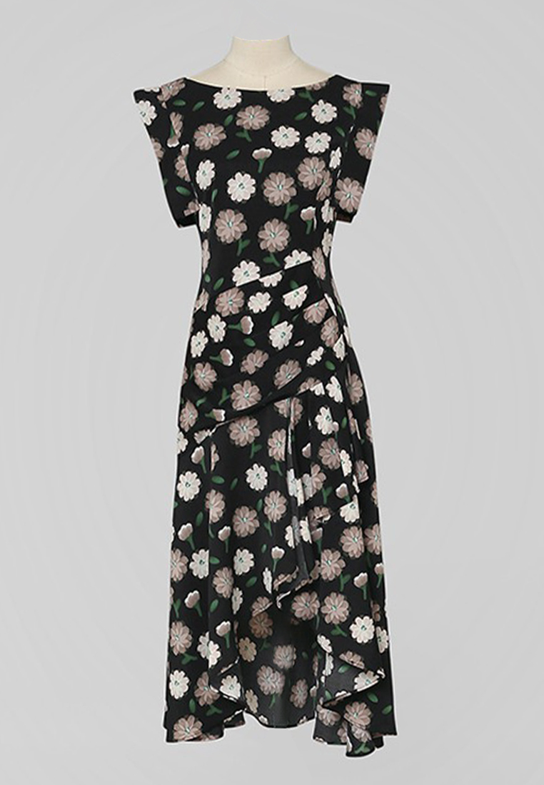 2024 New Design French Black Flying Sleeve Waist Printed Dress Long Skirt A121863BK