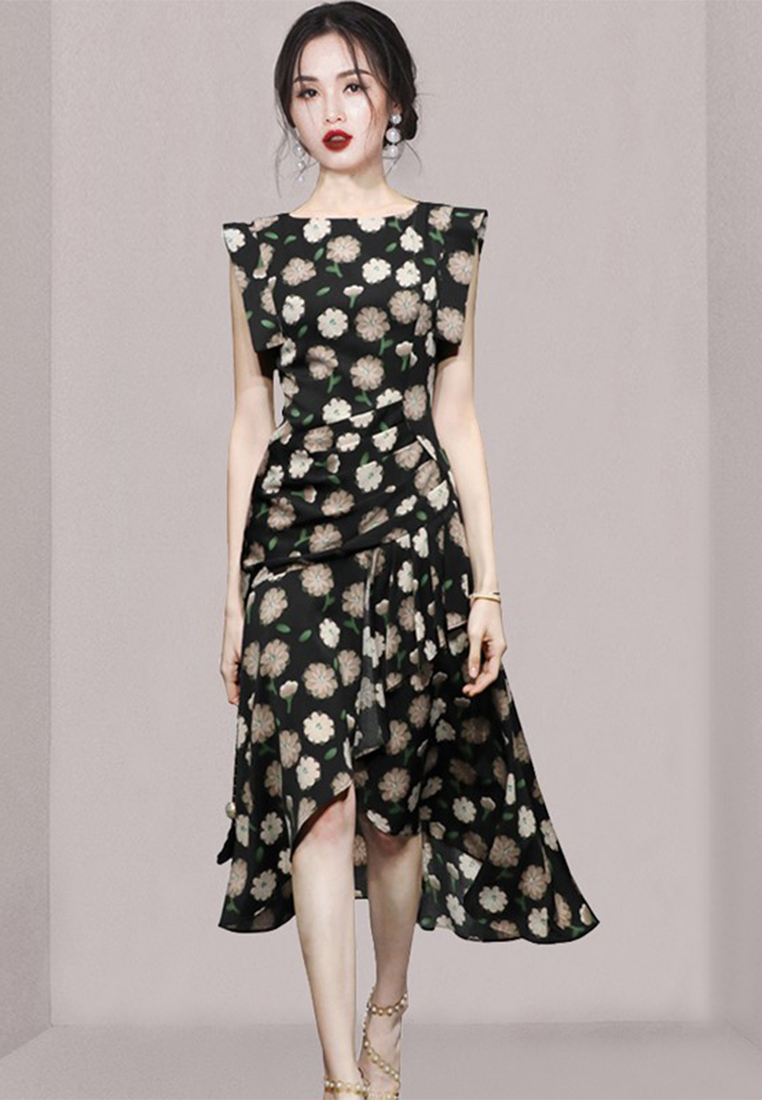 2024 New Design French Black Flying Sleeve Waist Printed Dress Long Skirt A121863BK
