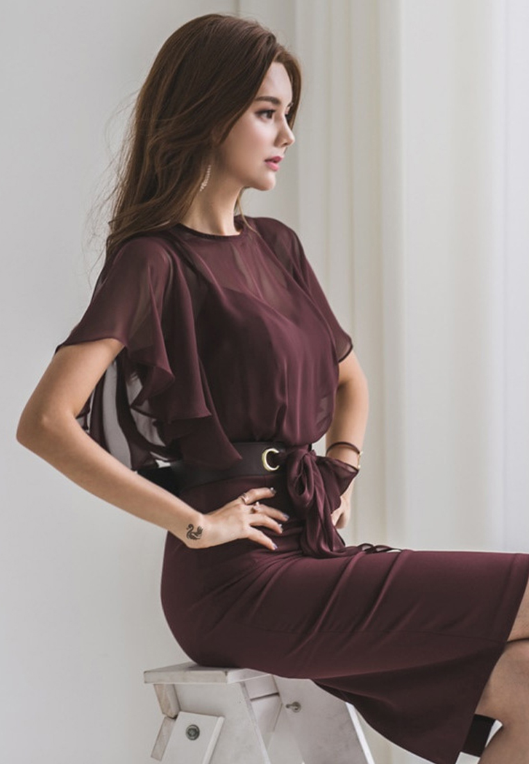 Korean style OL temperament fashionable chiffon lotus leaf sleeve slim dress A121865