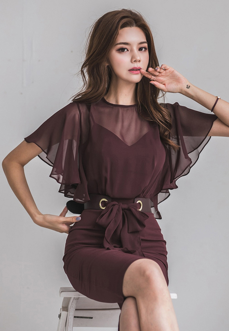 Korean style OL temperament fashionable chiffon lotus leaf sleeve slim dress A121865