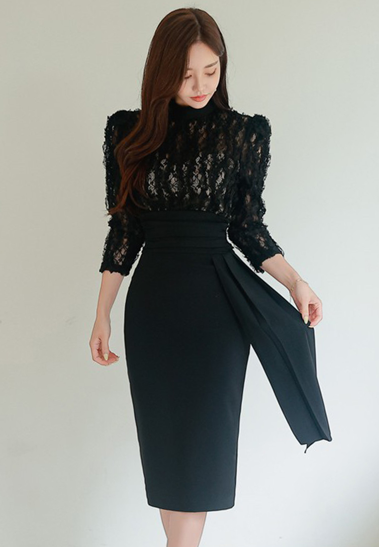 2024 new design Korean style slim fit lace hip skirt mid-length style A121867BK