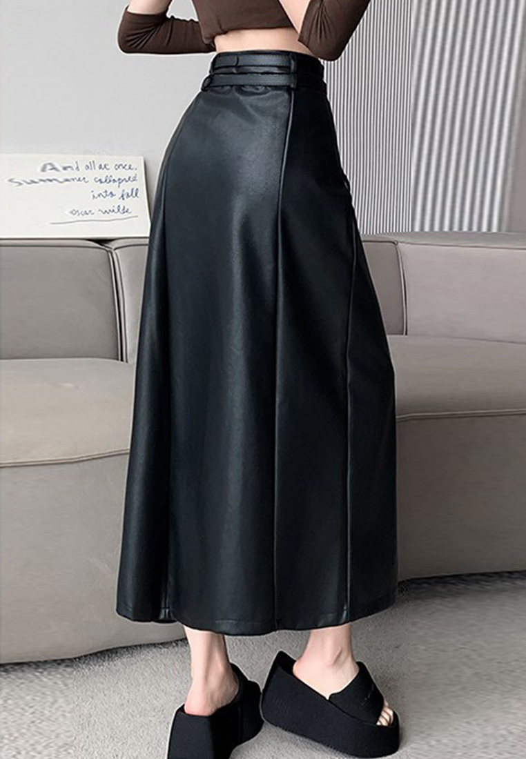 New design double belt mid-length PU leather skirt autumn and winter modern skirt A121871BW
