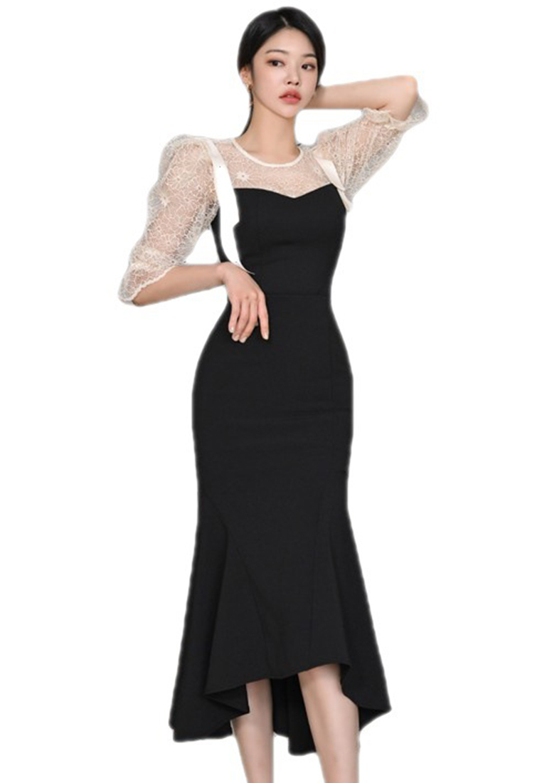 Korean style lace hip-hugging dress, fashionable mid-length fishtail skirt A121876BK