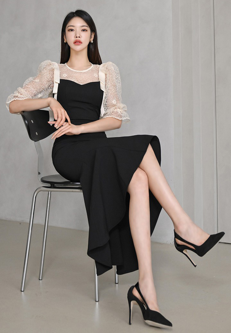 Korean style lace hip-hugging dress, fashionable mid-length fishtail skirt A121876BK