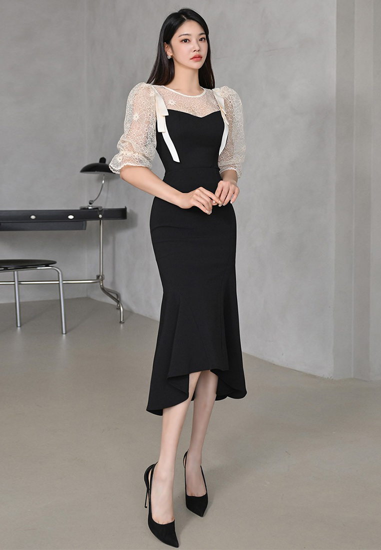 Korean style lace hip-hugging dress, fashionable mid-length fishtail skirt A121876BK