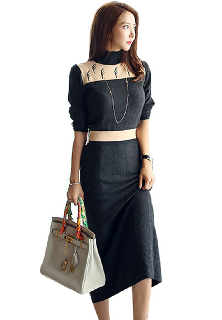 2024 new design knitted long-sleeved slim sweater mid-length bottoming dress A121877GY