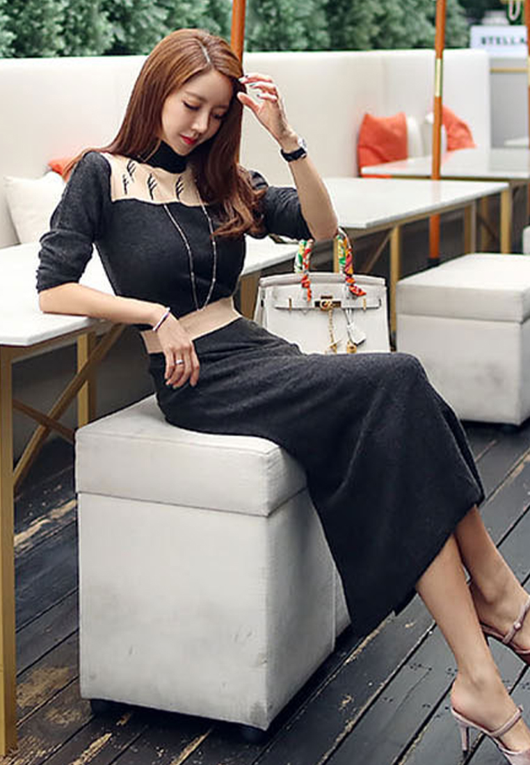 2024 new design knitted long-sleeved slim sweater mid-length bottoming dress A121877GY