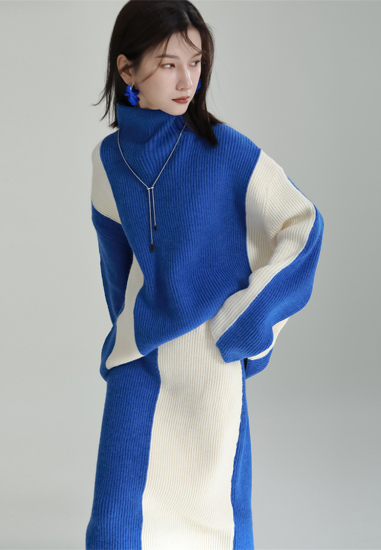 Contrast color patchwork sweater skirt knitted two piece set A121878BK