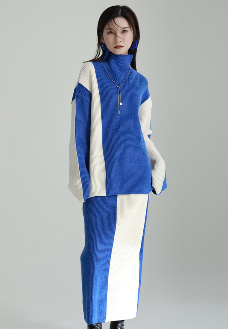 Contrast color patchwork sweater skirt knitted two piece set A121878BK