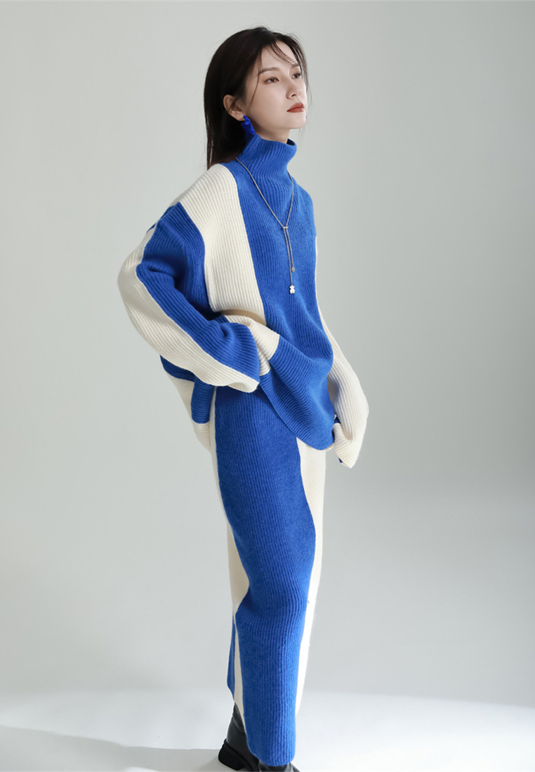 Contrast color patchwork sweater skirt knitted two piece set A121878BK