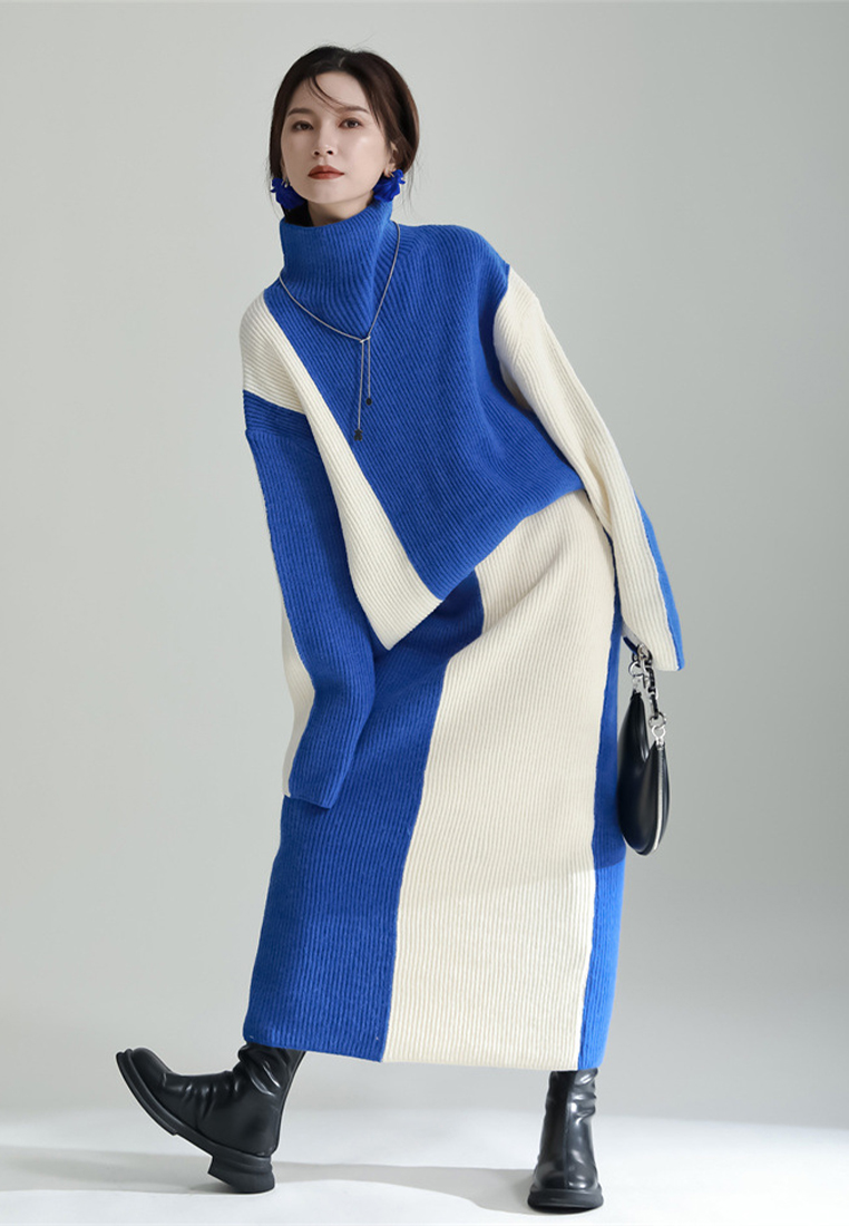 Contrast color patchwork sweater skirt knitted two piece set A121878BK