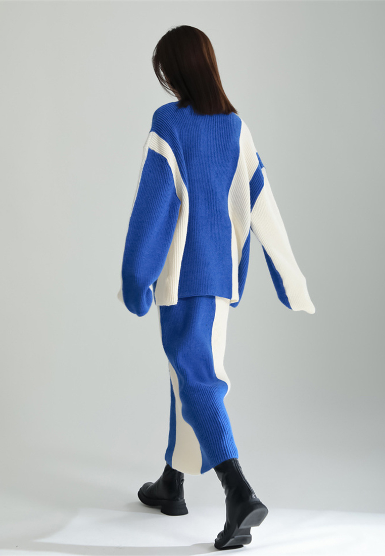 Contrast color patchwork sweater skirt knitted two piece set A121878BK