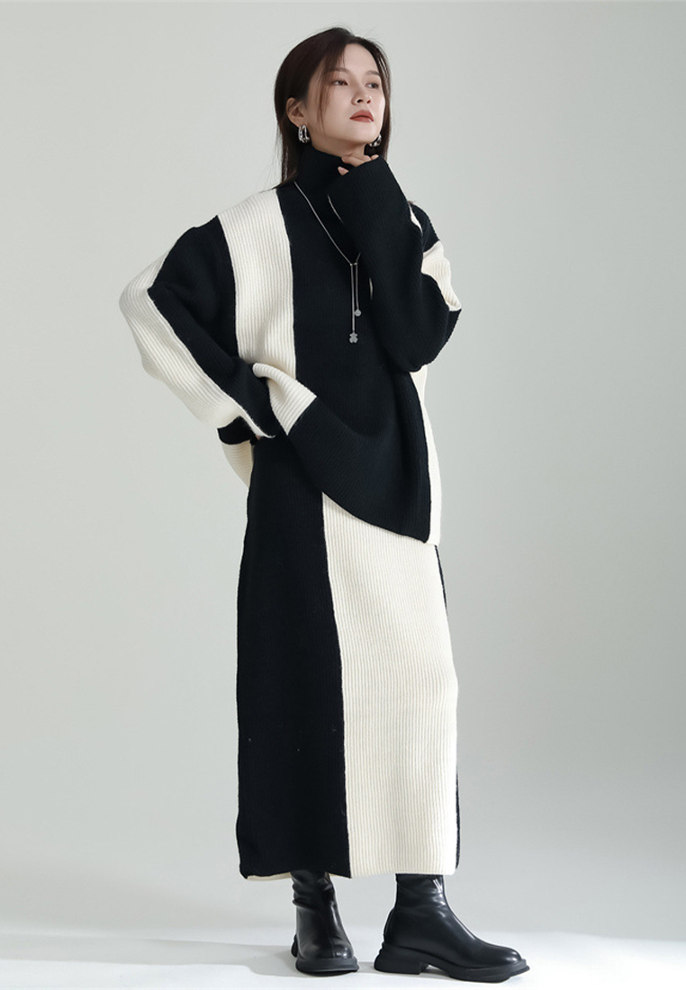 Contrast color patchwork sweater skirt knitted two piece set A121878BK