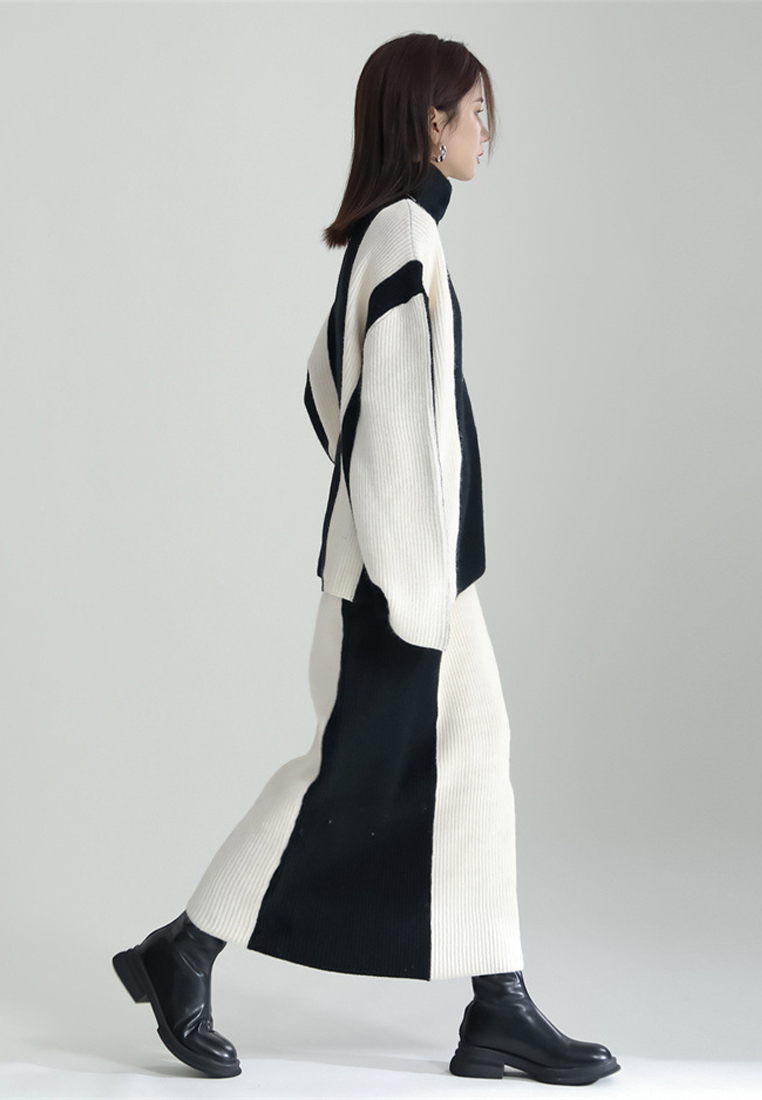 Contrast color patchwork sweater skirt knitted two piece set A121878BK