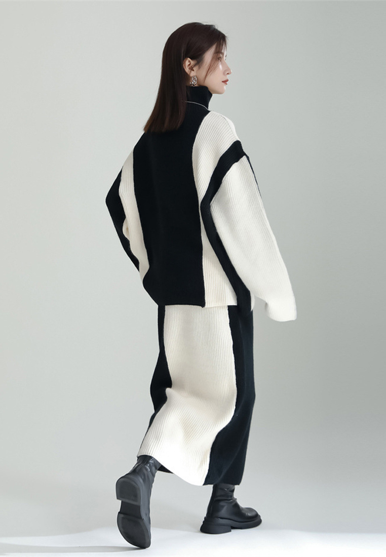 Contrast color patchwork sweater skirt knitted two piece set A121878BK