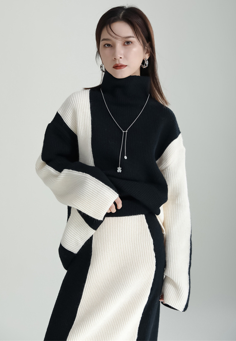 Contrast color patchwork sweater skirt knitted two piece set A121878BK