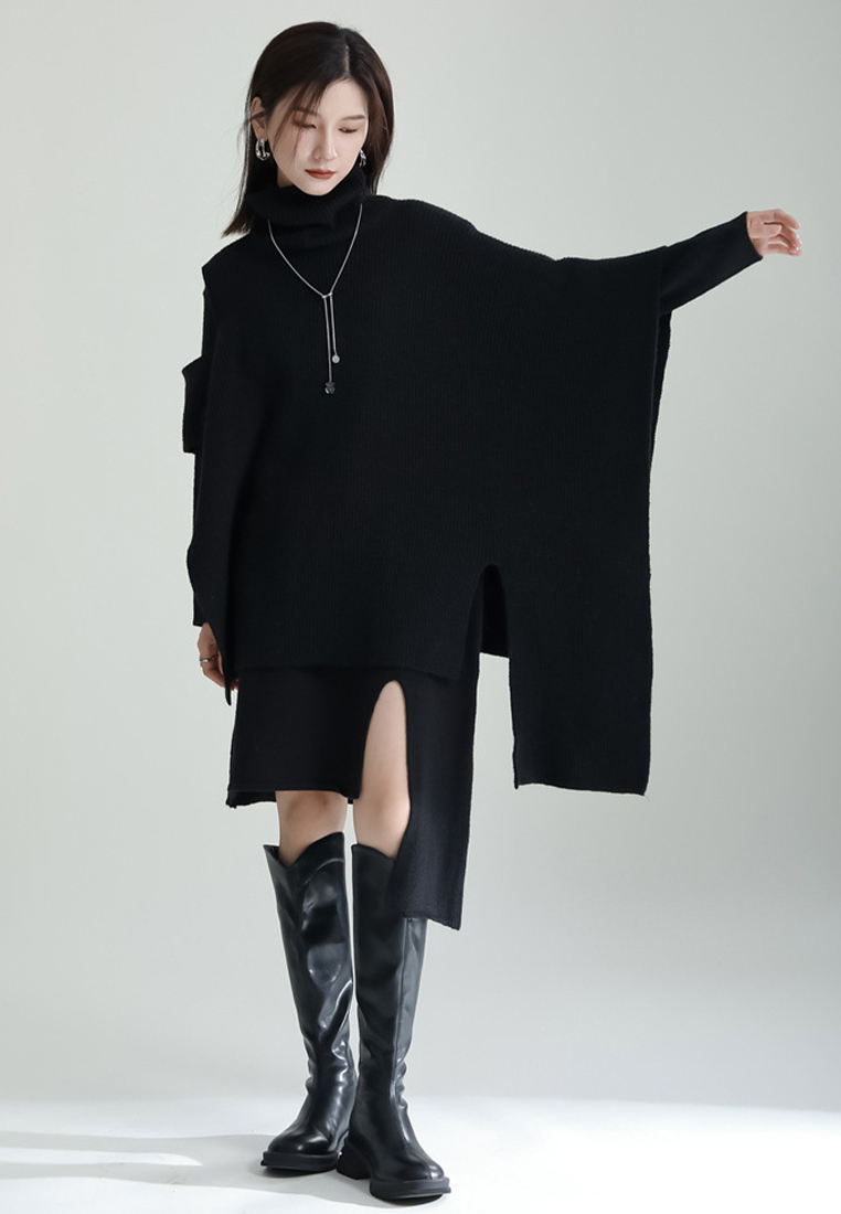 Fashionable slit knitted dress cape jacket suit A121879GY