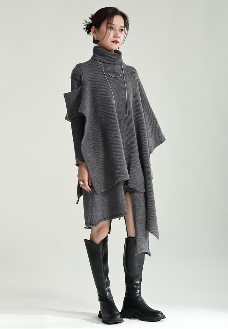 Fashionable slit knitted dress cape jacket suit A121879GY