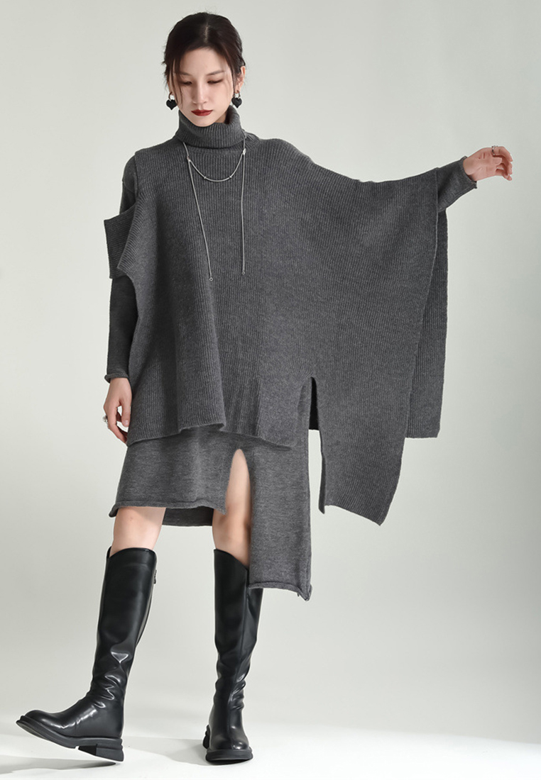 Fashionable slit knitted dress cape jacket suit A121879GY