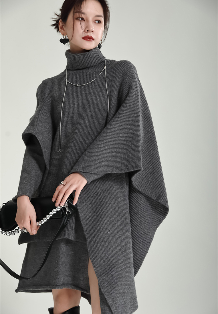Fashionable slit knitted dress cape jacket suit A121879GY