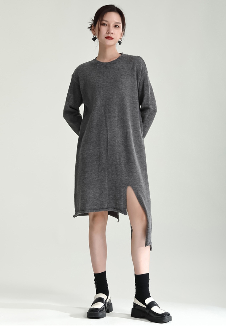 Fashionable slit knitted dress cape jacket suit A121879GY