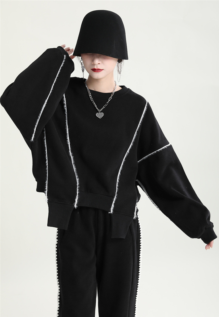 Stylish simple velvet sweatshirt with irregular slit design A121880BK