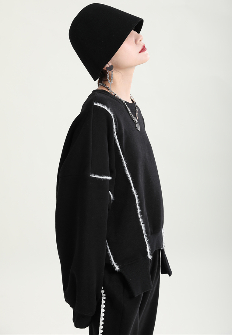 Stylish simple velvet sweatshirt with irregular slit design A121880BK