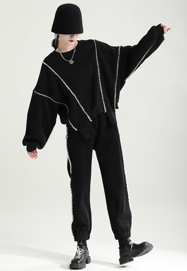 Stylish simple velvet sweatshirt with irregular slit design A121880BK