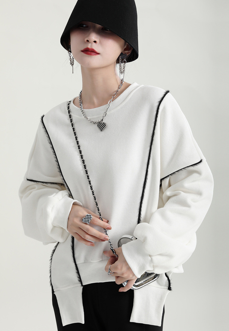 Stylish simple velvet sweatshirt with irregular slit design A121880BK