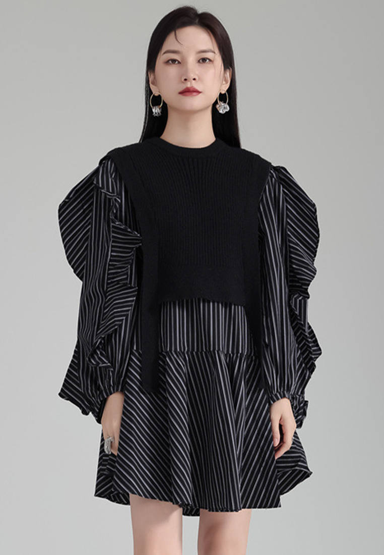 Fashionable knitted vest ruffled shirt skirt suit A121881BK