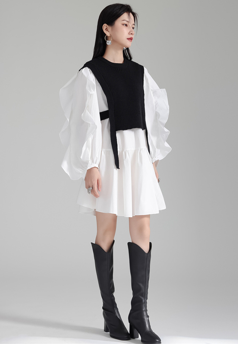 Fashionable knitted vest ruffled shirt skirt suit A121881BK