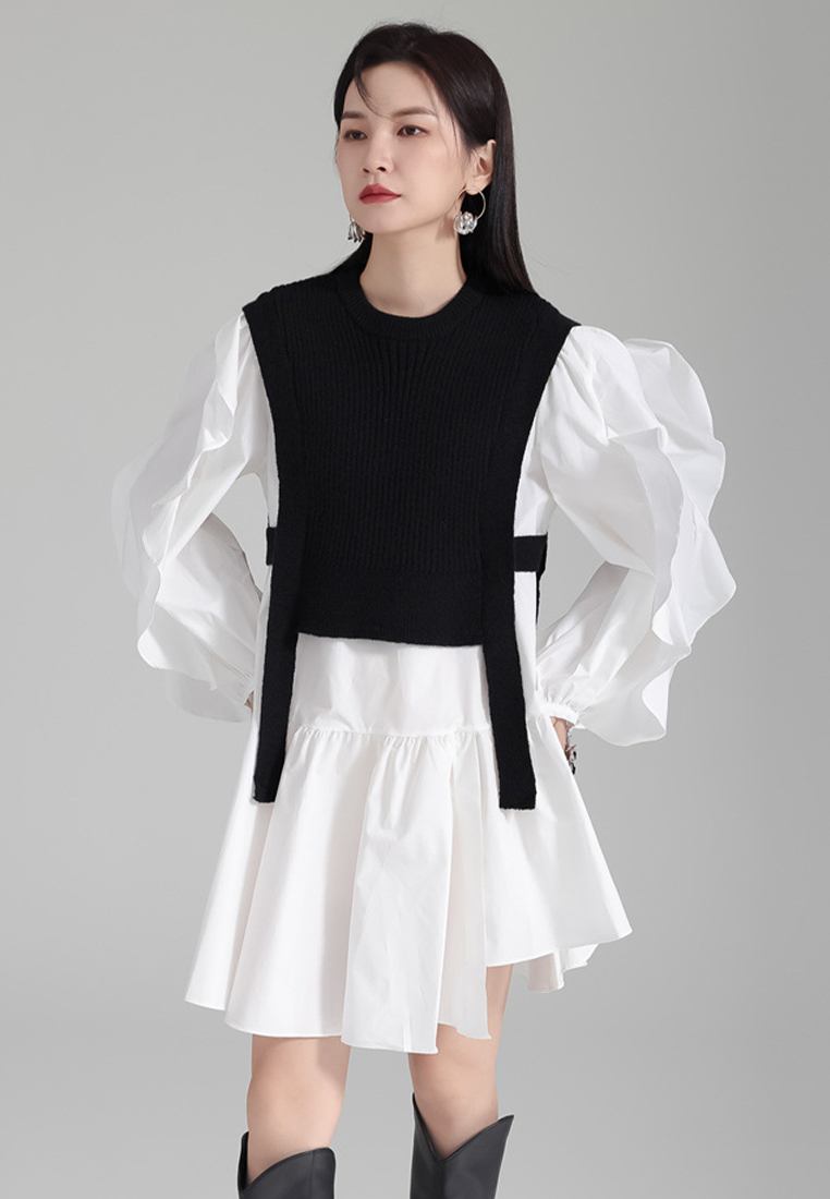 Fashionable knitted vest ruffled shirt skirt suit A121881BK
