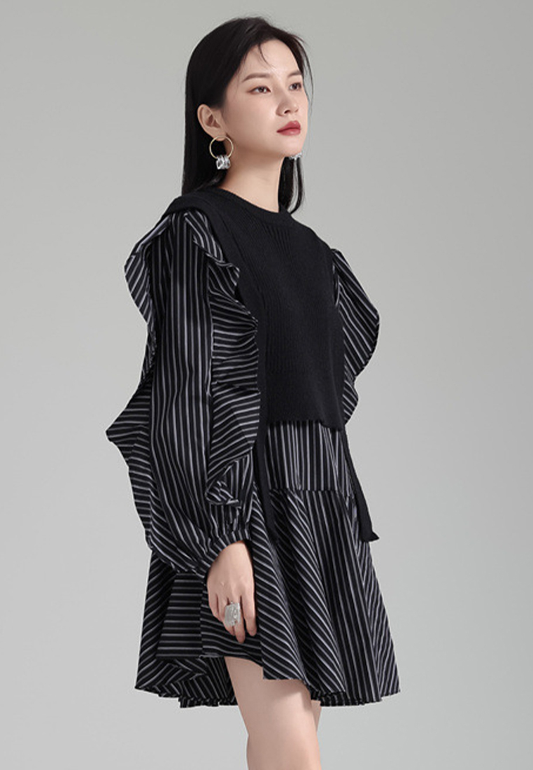 Fashionable knitted vest ruffled shirt skirt suit A121881BK