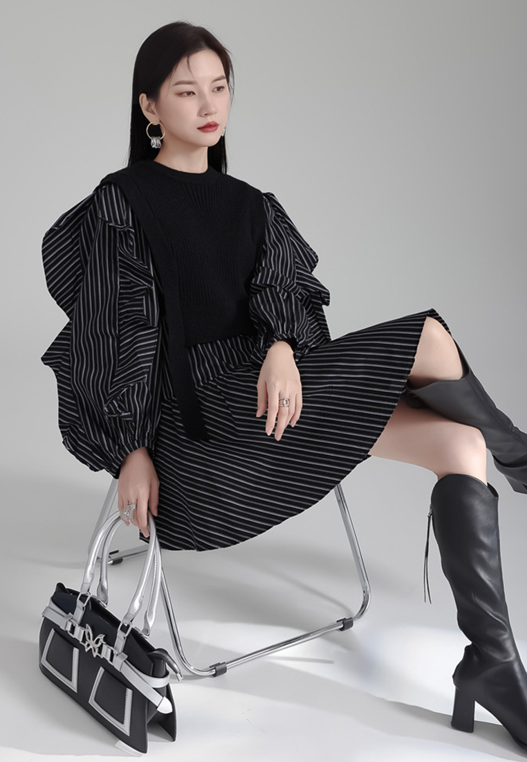 Fashionable knitted vest ruffled shirt skirt suit A121881BK