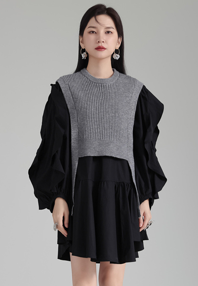 Fashionable knitted vest ruffled shirt skirt suit A121881BK