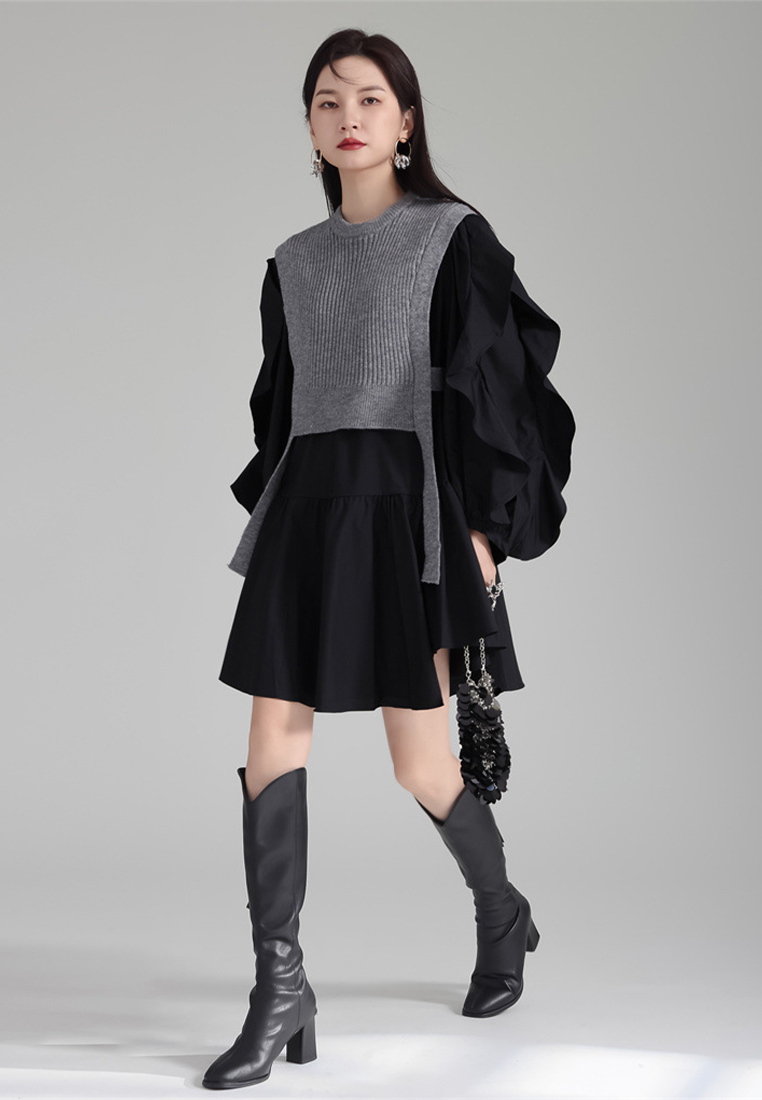 Fashionable knitted vest ruffled shirt skirt suit A121881BK