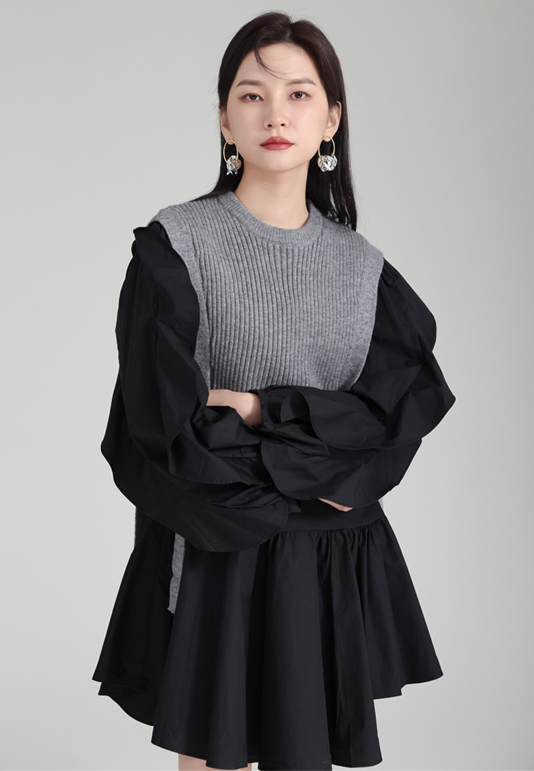Fashionable knitted vest ruffled shirt skirt suit A121881BK