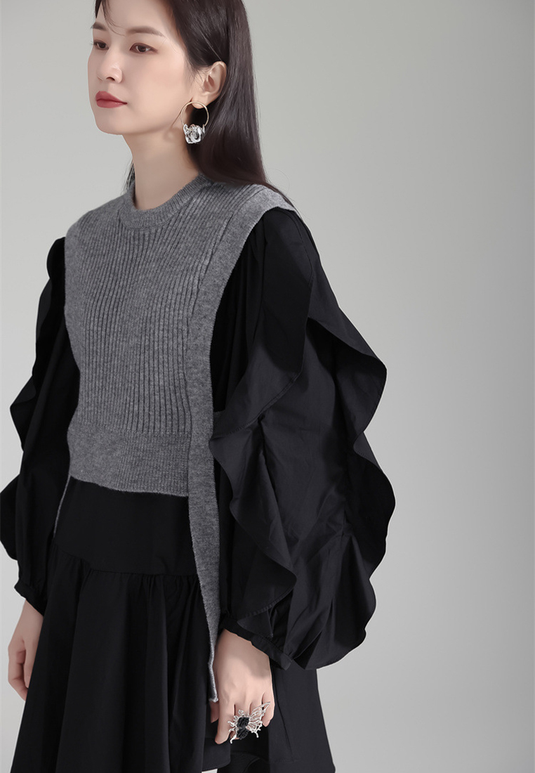 Fashionable knitted vest ruffled shirt skirt suit A121881BK