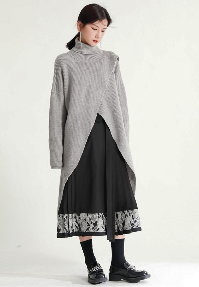 Fashionable simple hem slit knitted long dress A121882GY