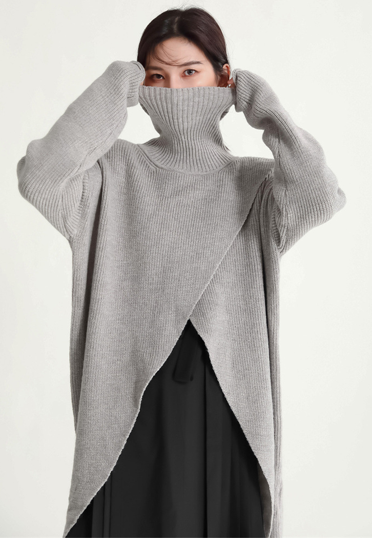 Fashionable simple hem slit knitted long dress A121882GY