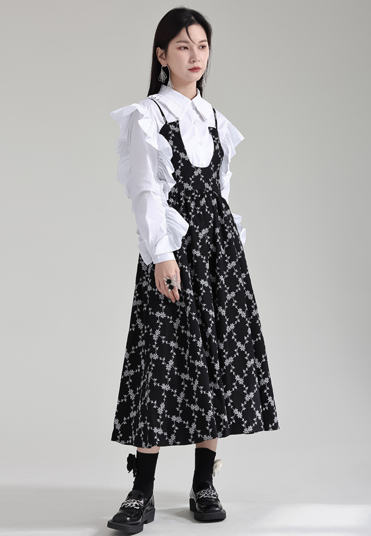 Fashionable French floral suspender dress shirt suit A121883