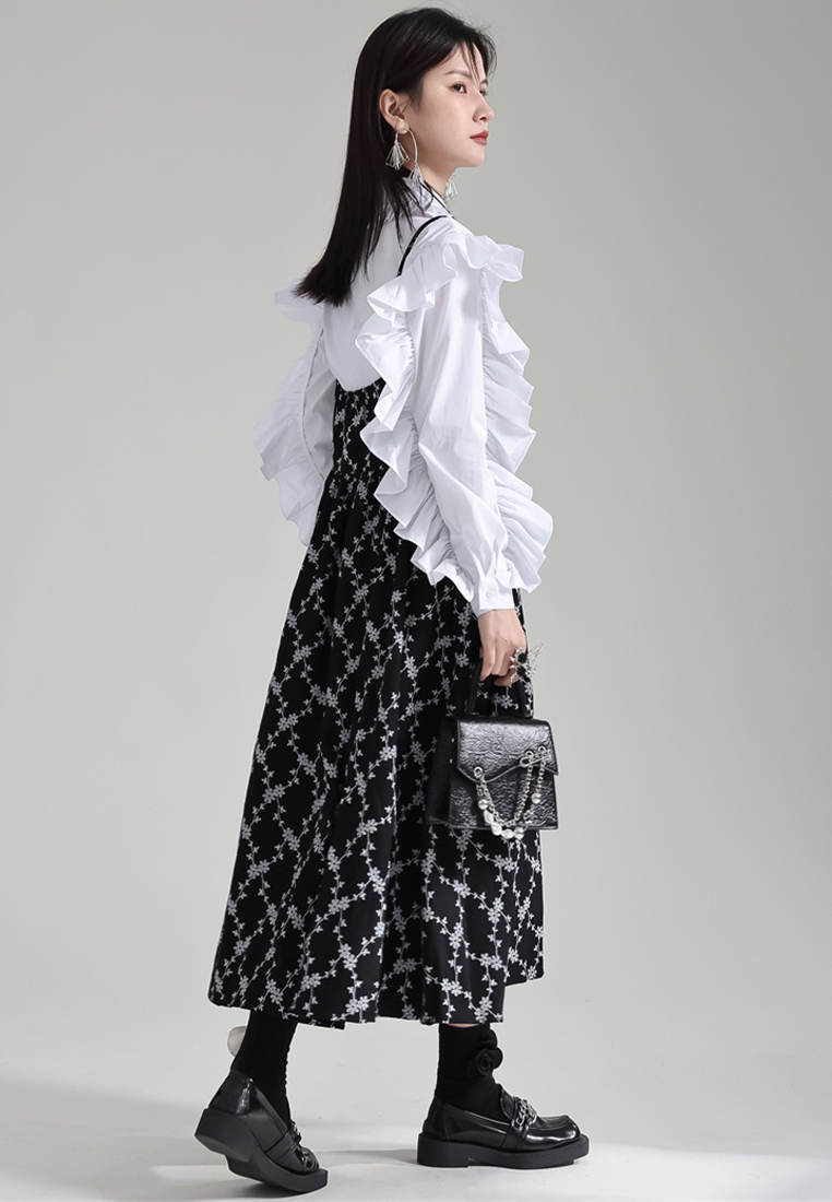 Fashionable French floral suspender dress shirt suit A121883