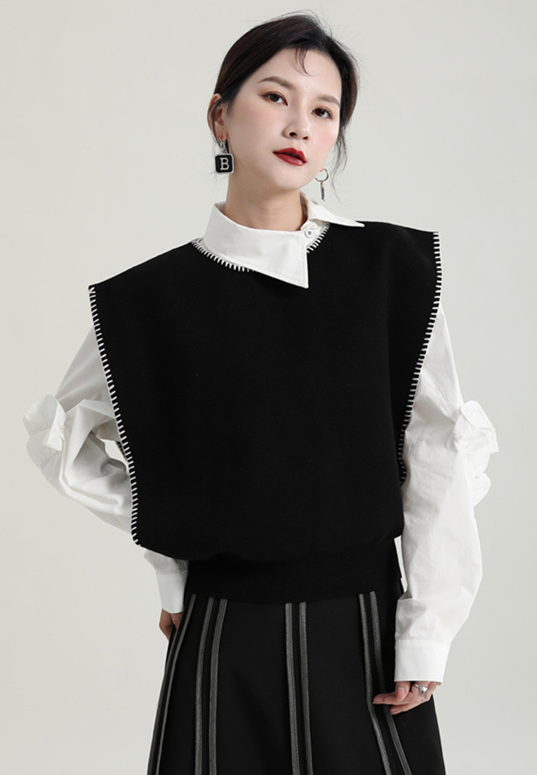 Stylish overlock design contrasting color knitted vest A121885