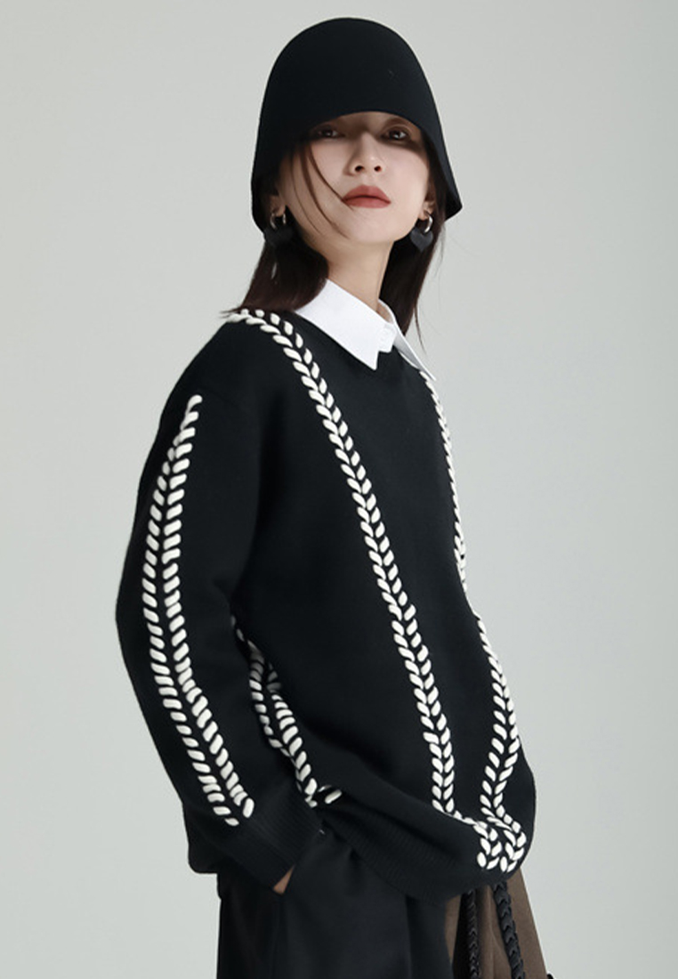 Autumn and winter fashionable lazy style round neck pullover knitted top A121887BK