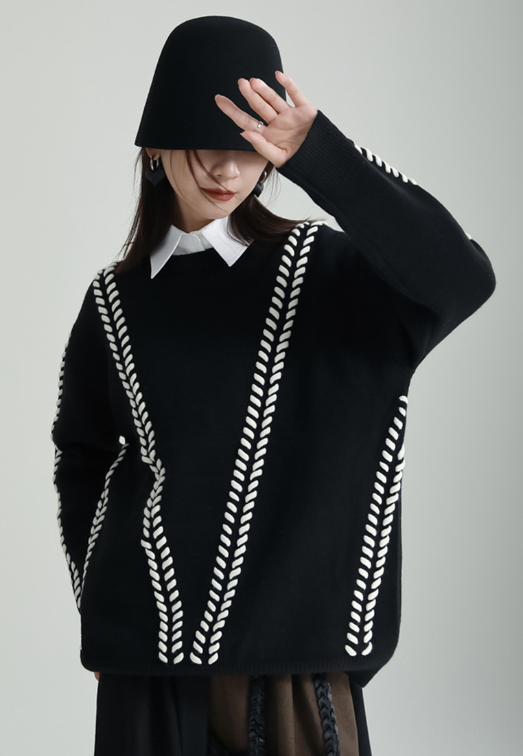 Autumn and winter fashionable lazy style round neck pullover knitted top A121887BK